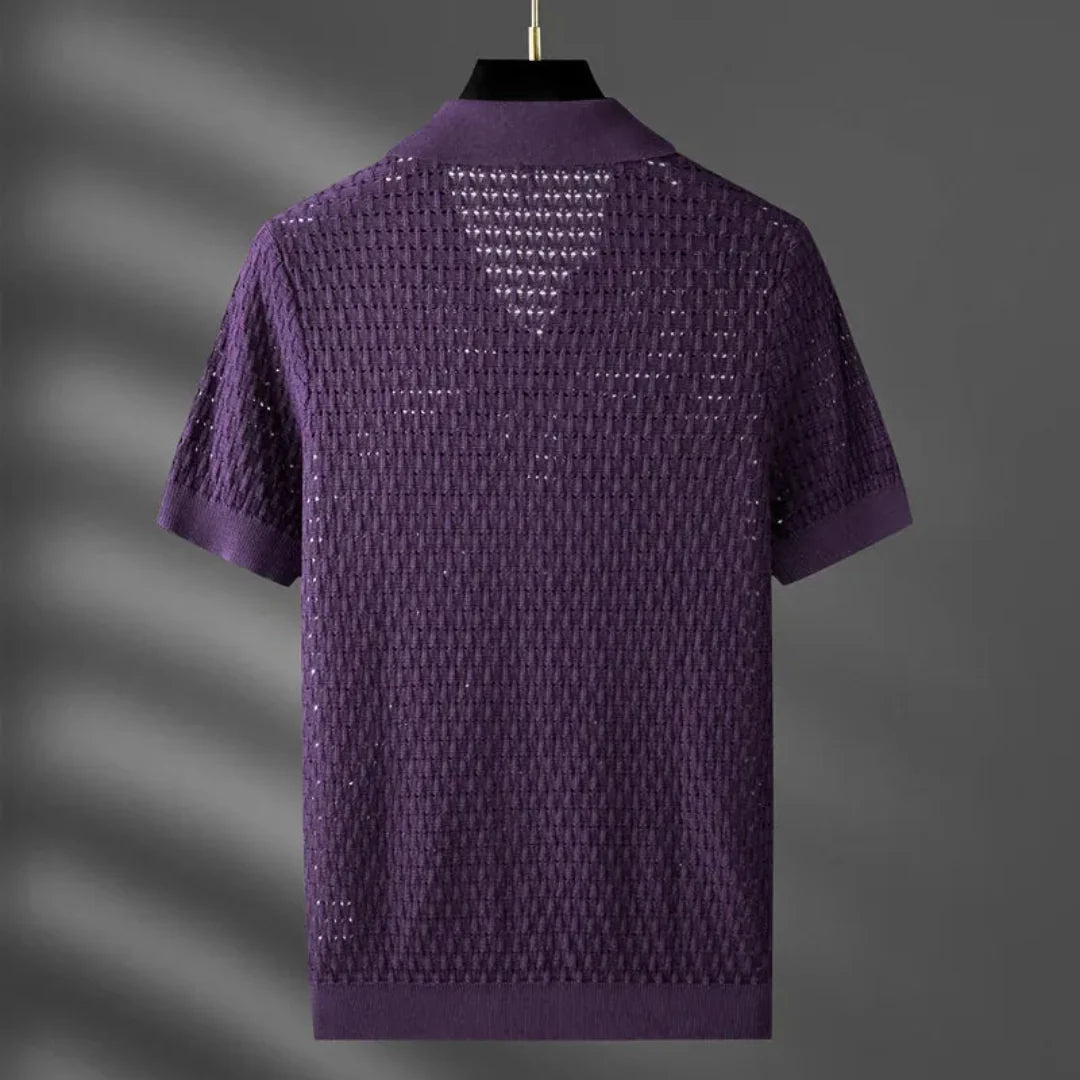 Nero | Textured Mesh Knit Open Collar T Shirt