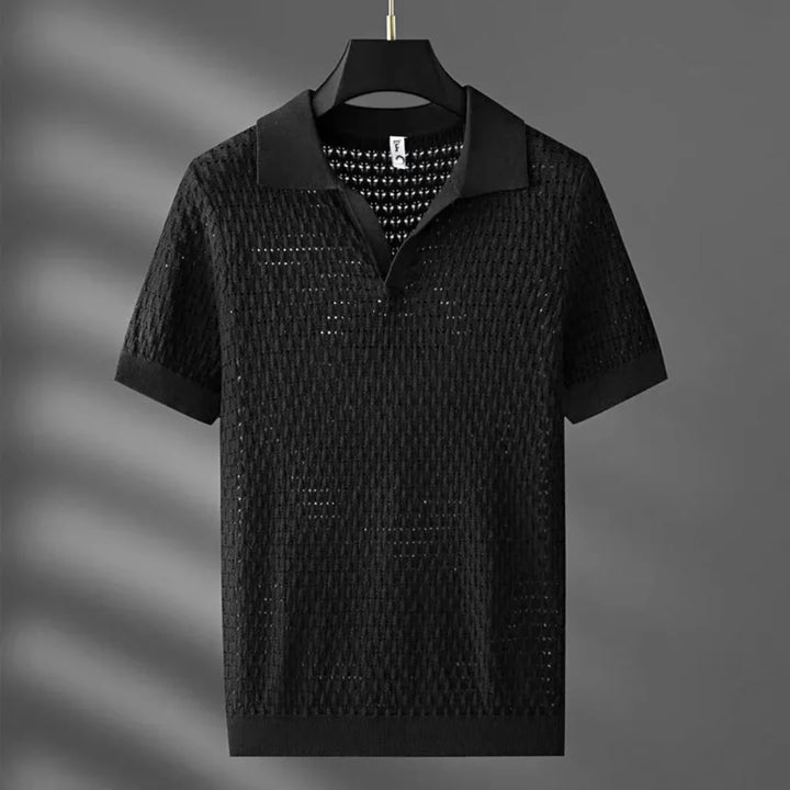 Nero | Textured Mesh Knit Open Collar T Shirt