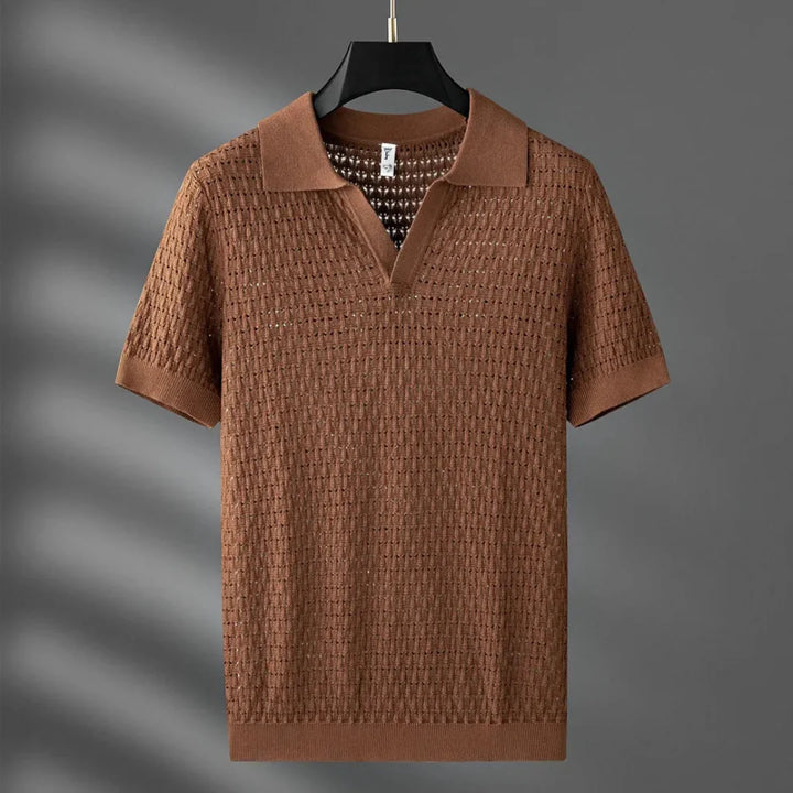 Nero | Textured Mesh Knit Open Collar T Shirt