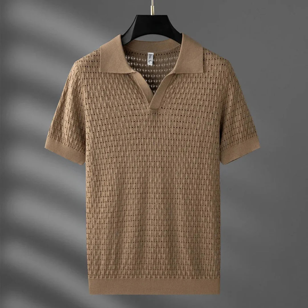 Nero | Textured Mesh Knit Open Collar T Shirt