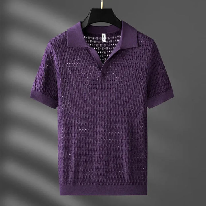 Nero | Textured Mesh Knit Open Collar T Shirt