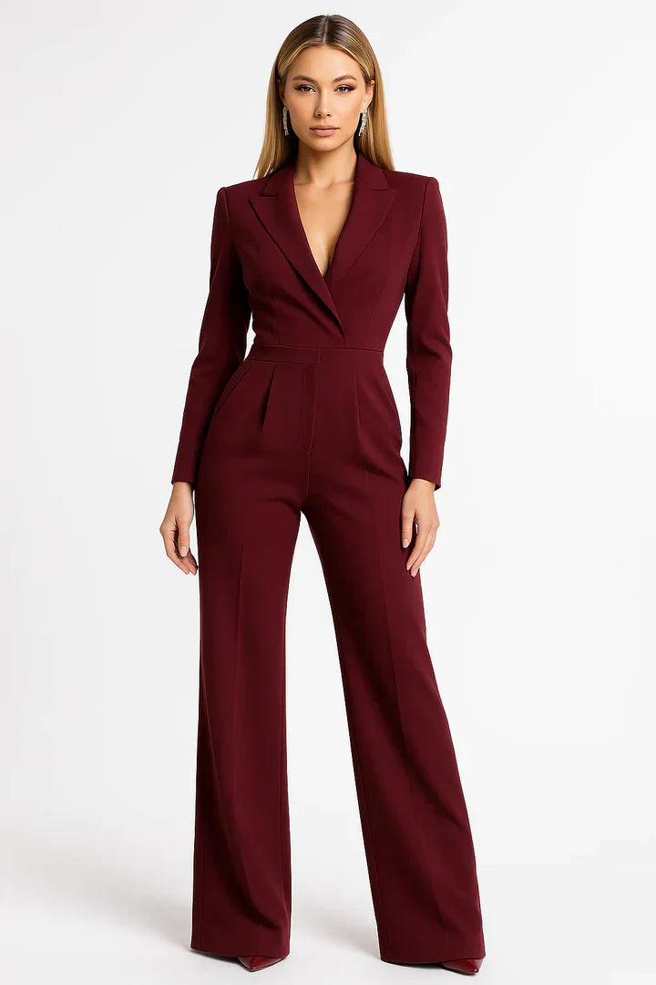 Mireille | Blazer-Style Deep V-Neck Jumpsuit with Wide Leg Trousers