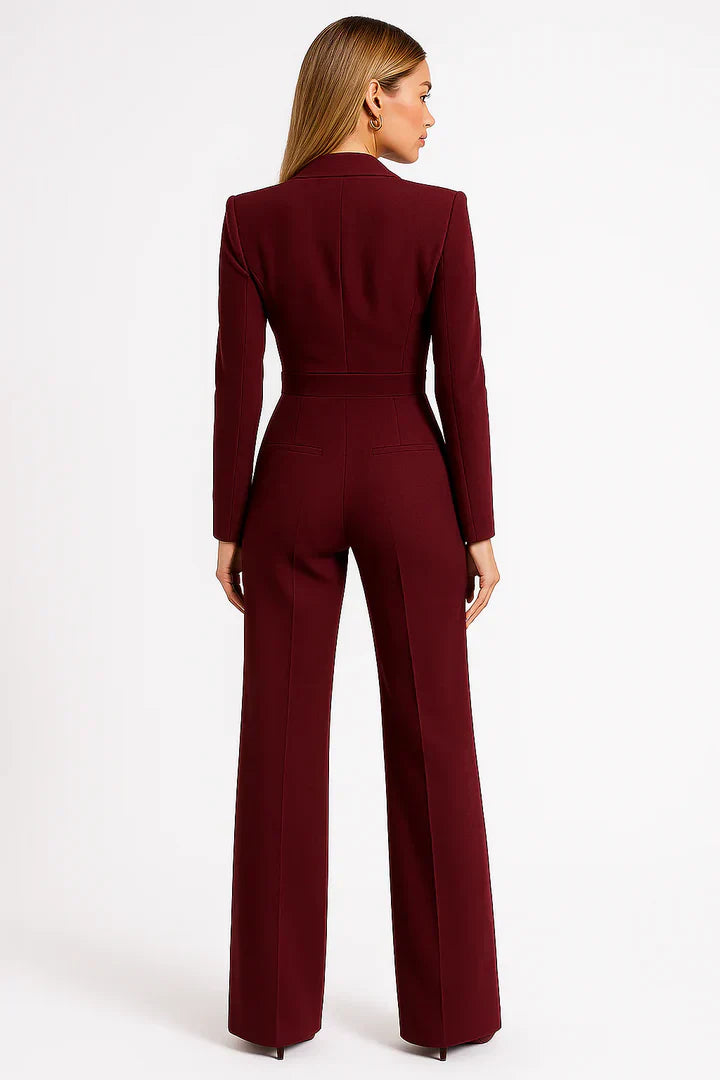 Mireille | Blazer-Style Deep V-Neck Jumpsuit with Wide Leg Trousers