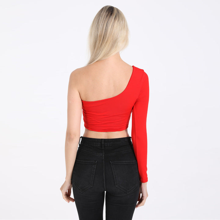 Mila | Single Sleeve Asymmetric Crop Off Shoulder Top