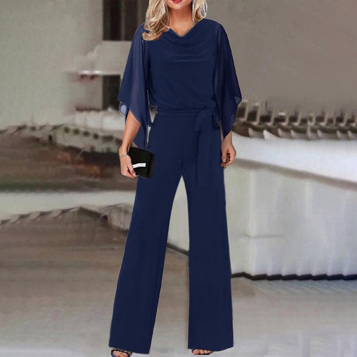 Claudette | Cowl Neck Chiffon Cape Sleeve Jumpsuit with Tie Waist