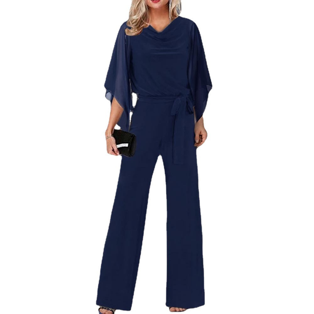 Elodie | Cowl Neck Jersey Jumpsuit with Chiffon Cape Sleeves and Belt