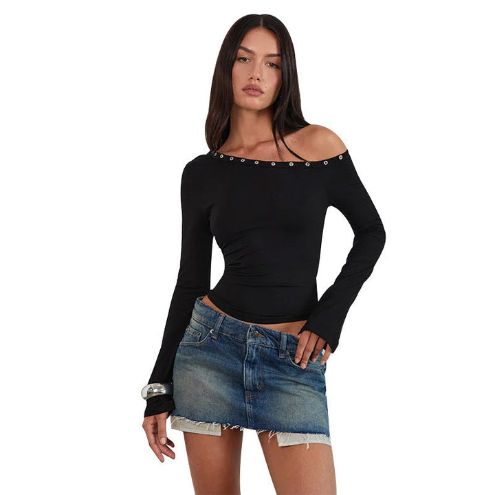 Rebel | Eyelet Trim Long Sleeve Crop Off Shoulder Top