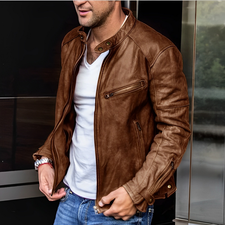 Ramone | Distressed Stand Collar Café Racer Men's Leather Jackets