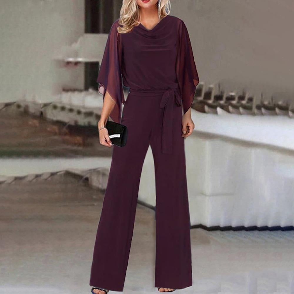 Elodie | Cowl Neck Jersey Jumpsuit with Chiffon Cape Sleeves and Belt