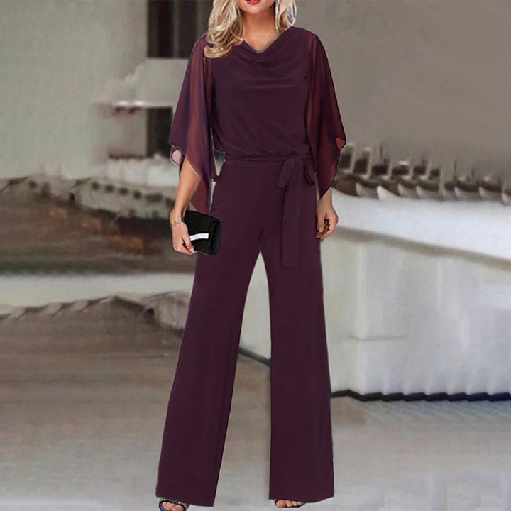 Elodie | Cowl Neck Jersey Jumpsuit with Chiffon Cape Sleeves and Belt