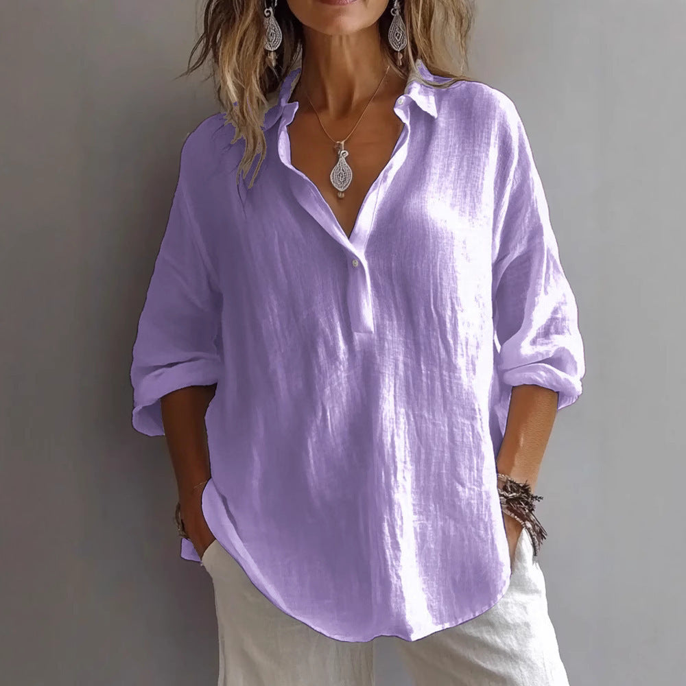 Lavender Fields | Relaxed V-Neck Long Sleeve Linen Blouse