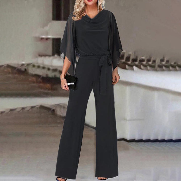 Elodie | Cowl Neck Jersey Jumpsuit with Chiffon Cape Sleeves and Belt