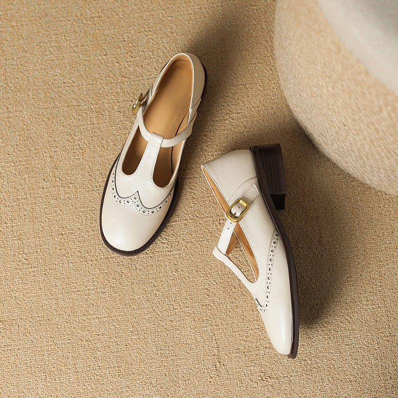 Clementine | Brogue T-Bar Mary Jane Flats with Gold Buckle