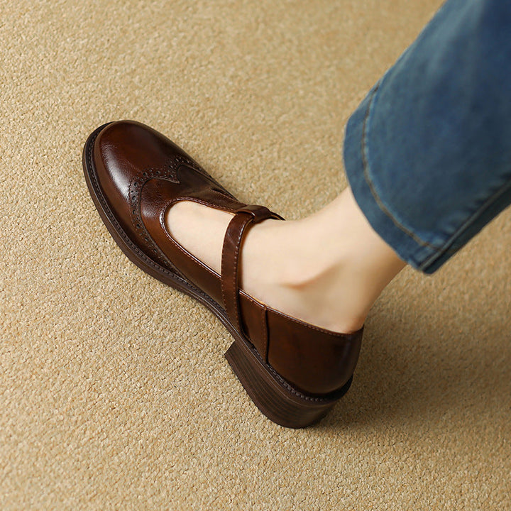 Clementine | Brogue T-Bar Mary Jane Flats with Gold Buckle