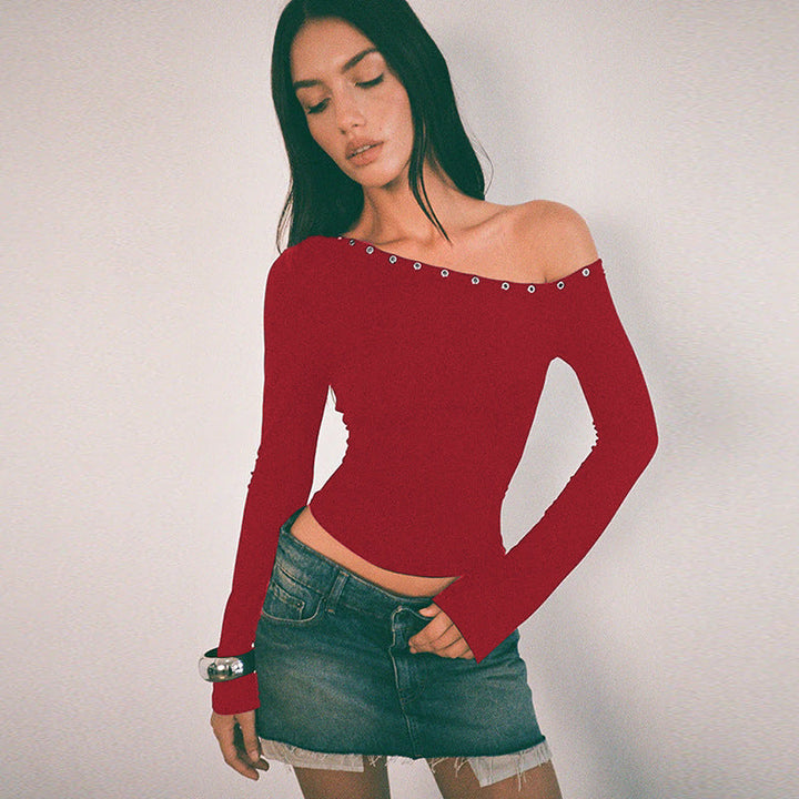 Rebel | Eyelet Trim Long Sleeve Crop Off Shoulder Top