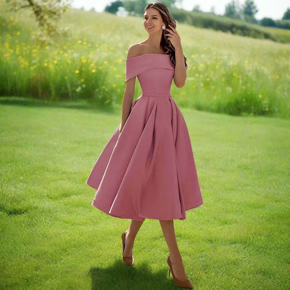 Celestine | Elegant One Shoulder Dress with Full Midi Skirt