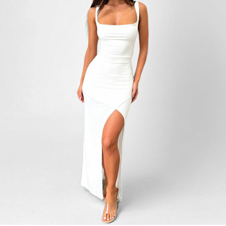 Vivienne | Ruched Square Neck Formal Maxi Dress with Split