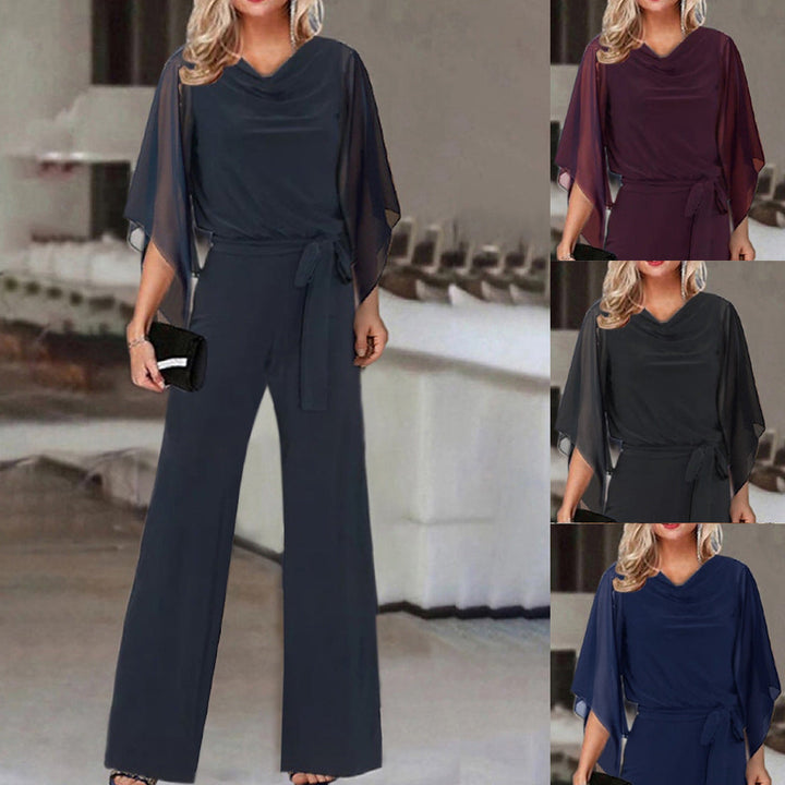Claudette | Cowl Neck Chiffon Cape Sleeve Jumpsuit with Tie Waist