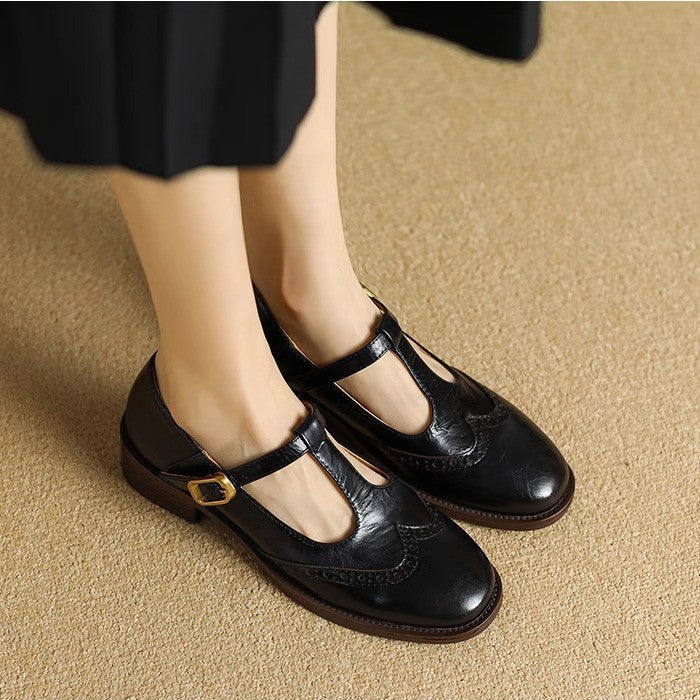 Clementine | Brogue T-Bar Mary Jane Flats with Gold Buckle
