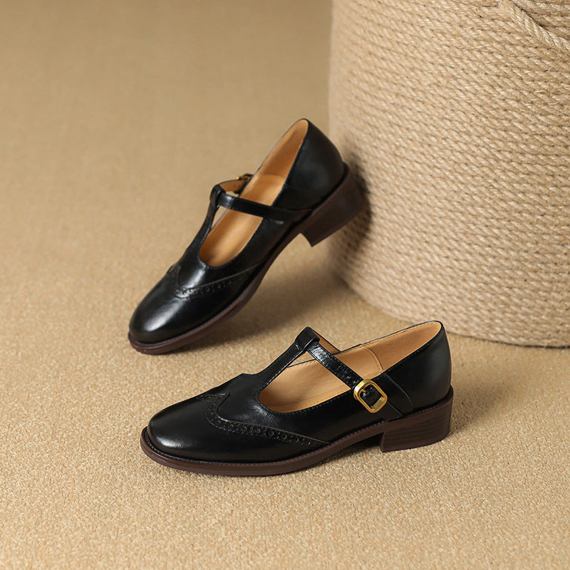 Clementine | Brogue T-Bar Mary Jane Flats with Gold Buckle
