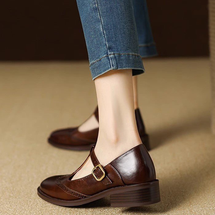 Clementine | Brogue T-Bar Mary Jane Flats with Gold Buckle
