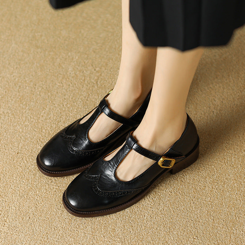 Clementine | Brogue T-Bar Mary Jane Flats with Gold Buckle