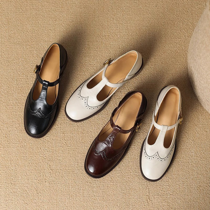Clementine | Brogue T-Bar Mary Jane Flats with Gold Buckle