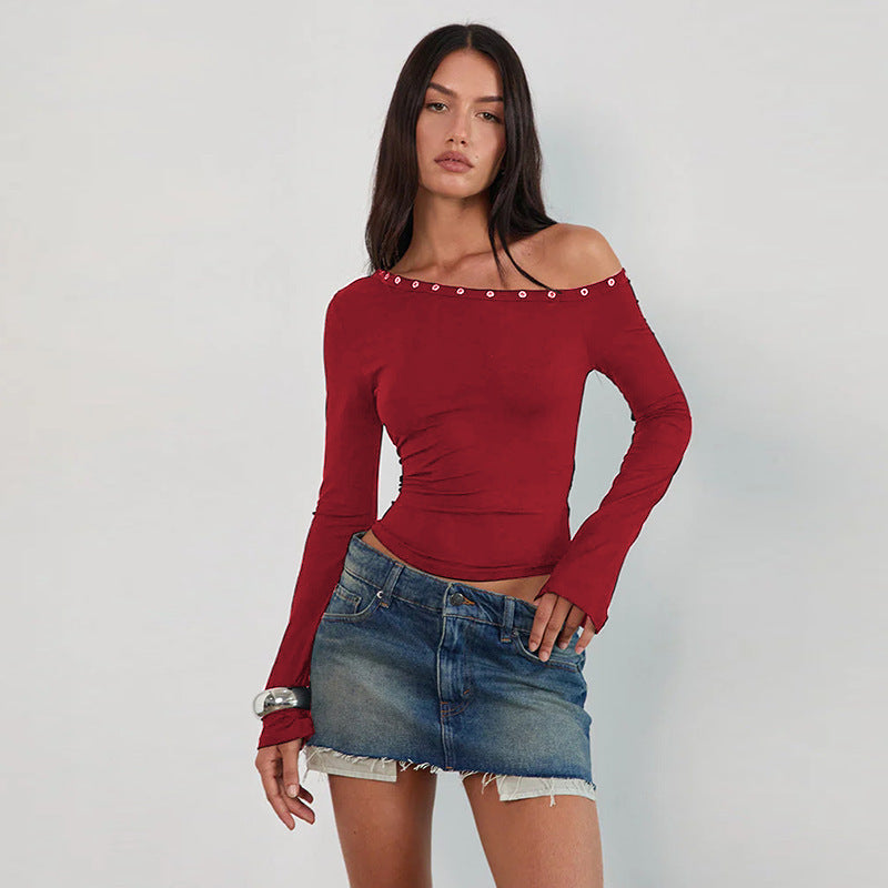 Rebel | Eyelet Trim Long Sleeve Crop Off Shoulder Top