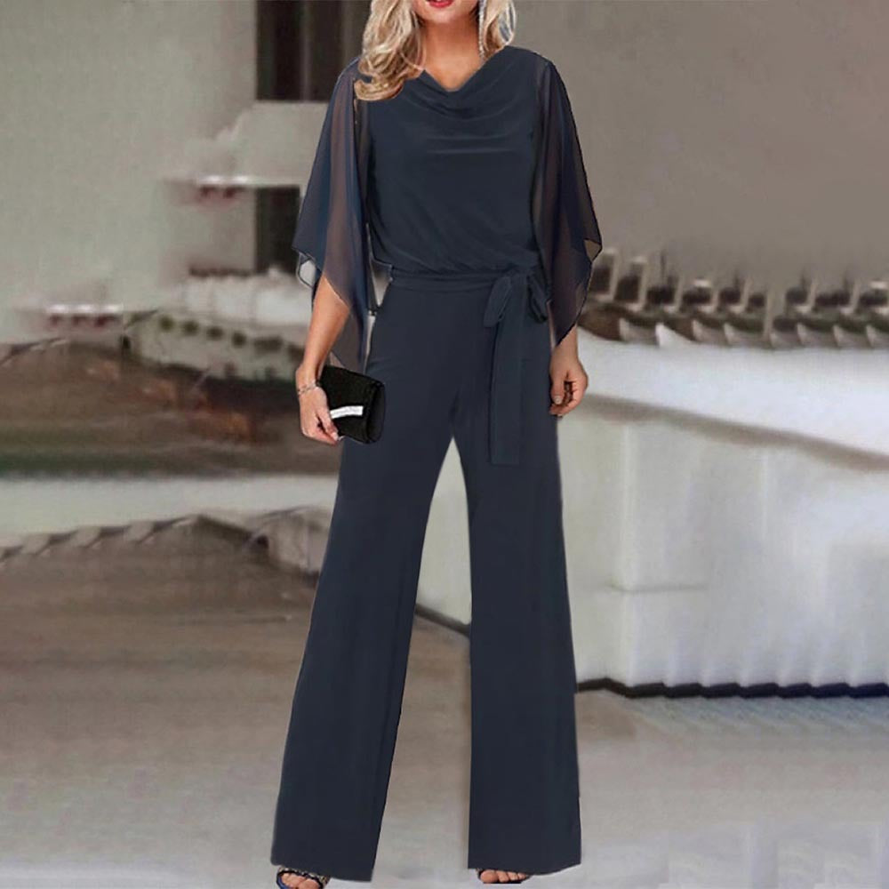 Claudette | Cowl Neck Chiffon Cape Sleeve Jumpsuit with Tie Waist