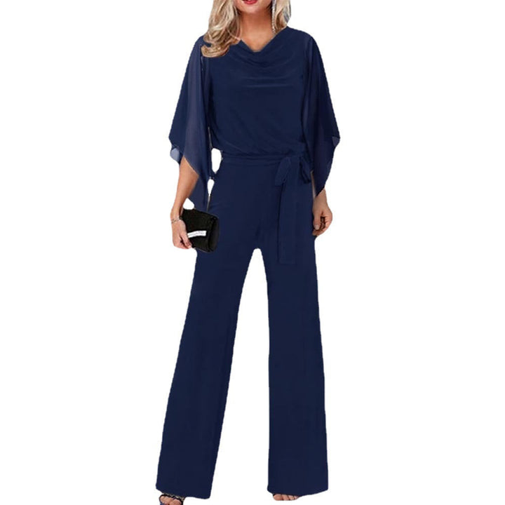 Claudette | Cowl Neck Chiffon Cape Sleeve Jumpsuit with Tie Waist