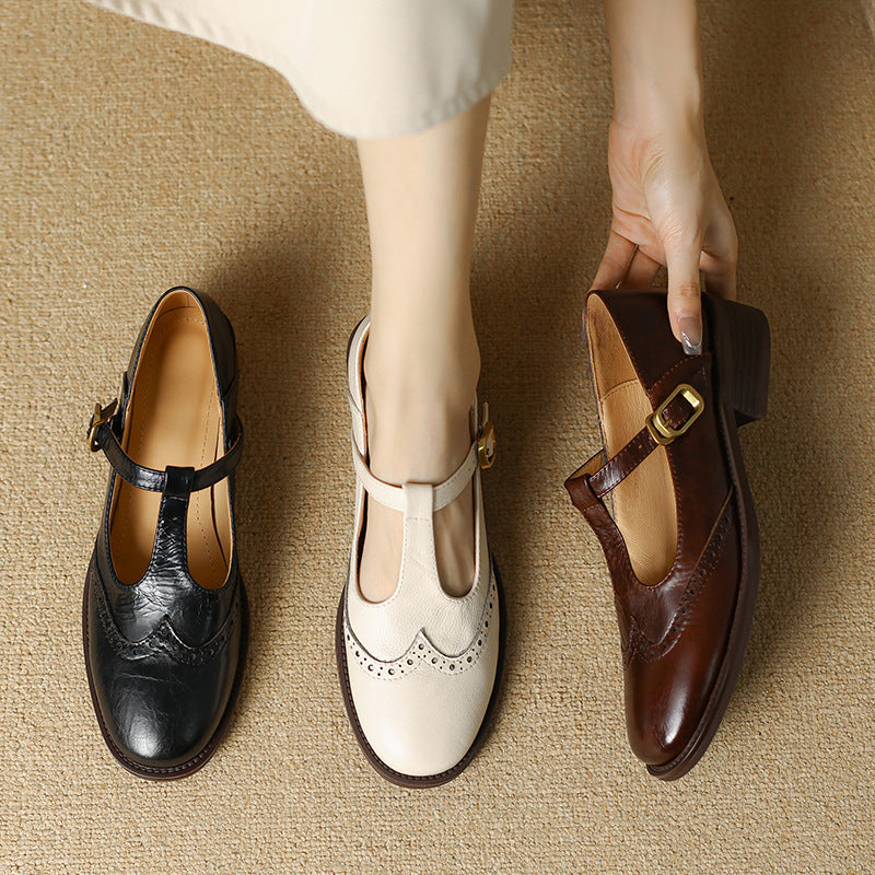 Clementine | Brogue T-Bar Mary Jane Flats with Gold Buckle