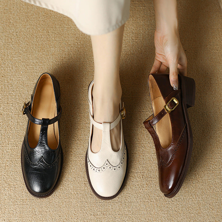 Clementine | Brogue T-Bar Mary Jane Flats with Gold Buckle