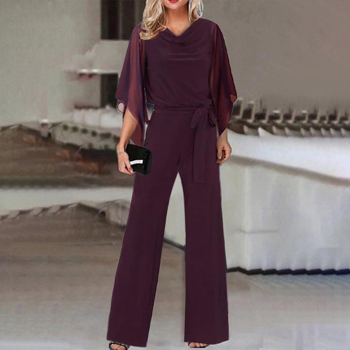 Elodie | Cowl Neck Jersey Jumpsuit with Chiffon Cape Sleeves and Belt