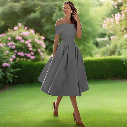 Celestine | Elegant One Shoulder Dress with Full Midi Skirt