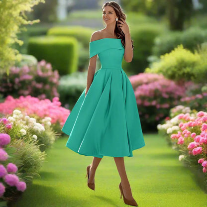 Celestine | Elegant One Shoulder Dress with Full Midi Skirt