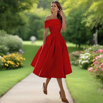 Celestine | Elegant One Shoulder Dress with Full Midi Skirt