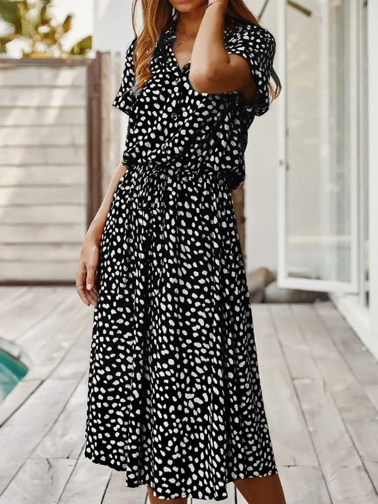 Cosette | Spot Print Drawstring Waist Wedding Guest Dress