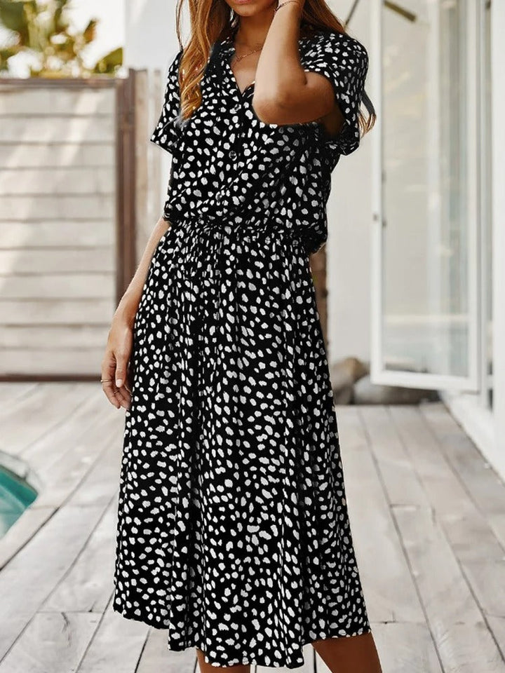 Cosette | Spot Print Drawstring Waist Wedding Guest Dress