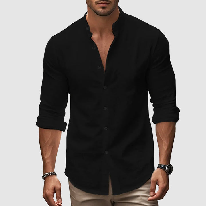 Breezy | Mandarin Collar Linen Long Sleeve Mens Smart Casual Shirt