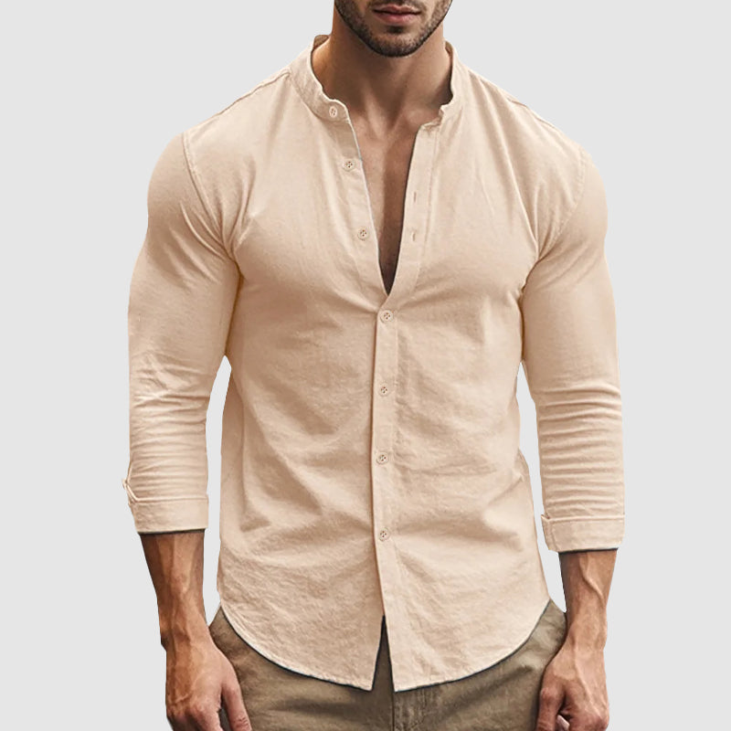 Breezy | Mandarin Collar Linen Long Sleeve Mens Smart Casual Shirt
