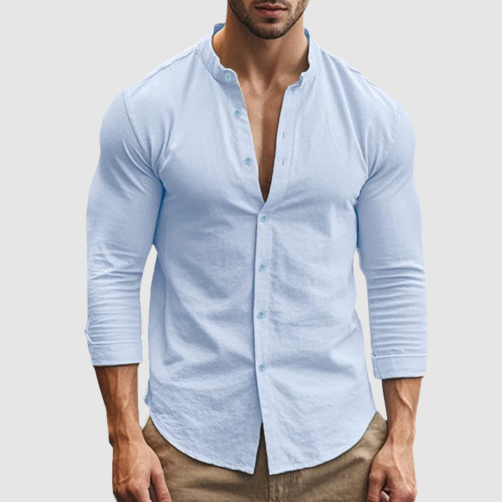 Breezy | Mandarin Collar Linen Long Sleeve Mens Smart Casual Shirt