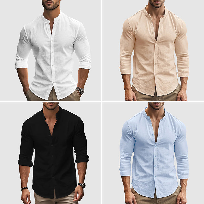 Breezy | Mandarin Collar Linen Long Sleeve Mens Smart Casual Shirt