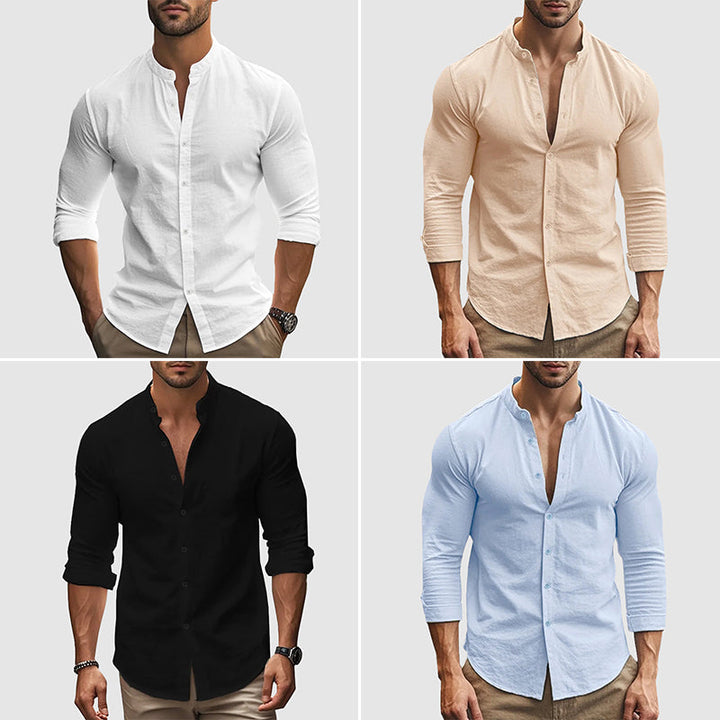 Breezy | Mandarin Collar Linen Long Sleeve Mens Smart Casual Shirt