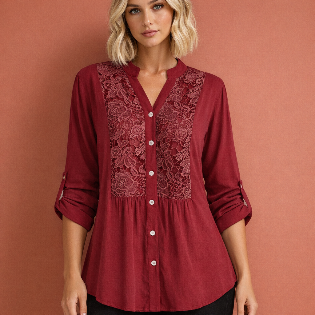 Lacefield | Crochet Lace Panel Button-Up Tunic Blouse