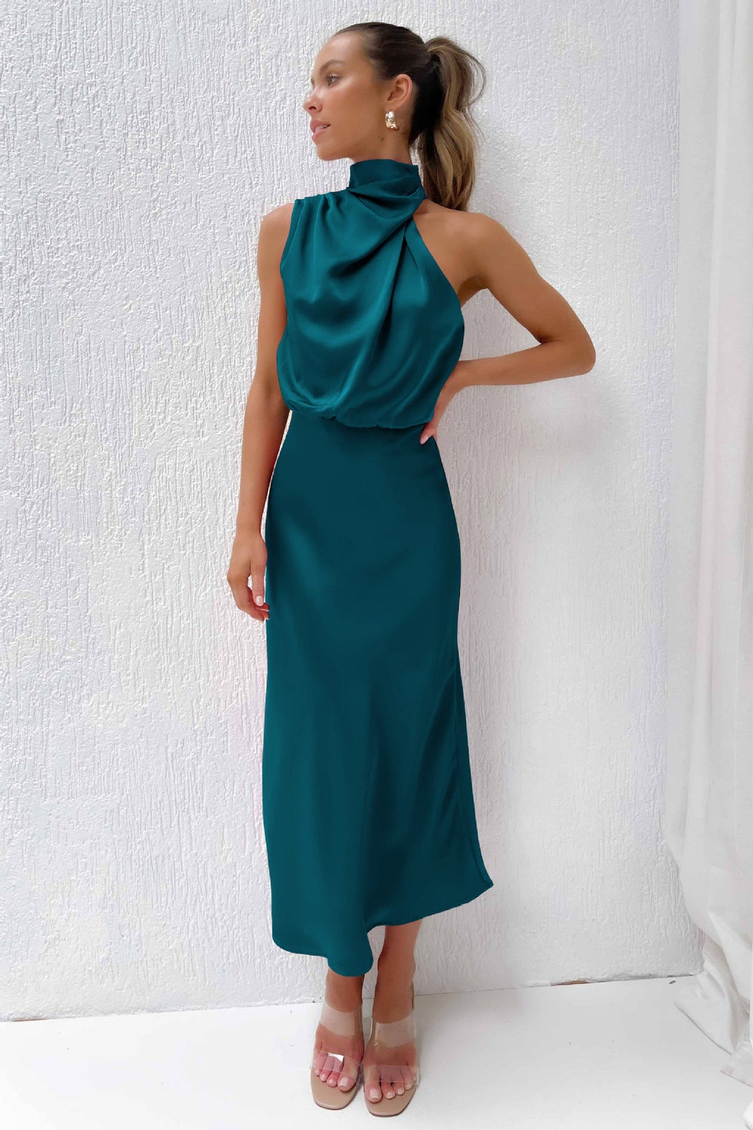 Calliope | Draped Twist Satin Halter Neck Maxi Dress
