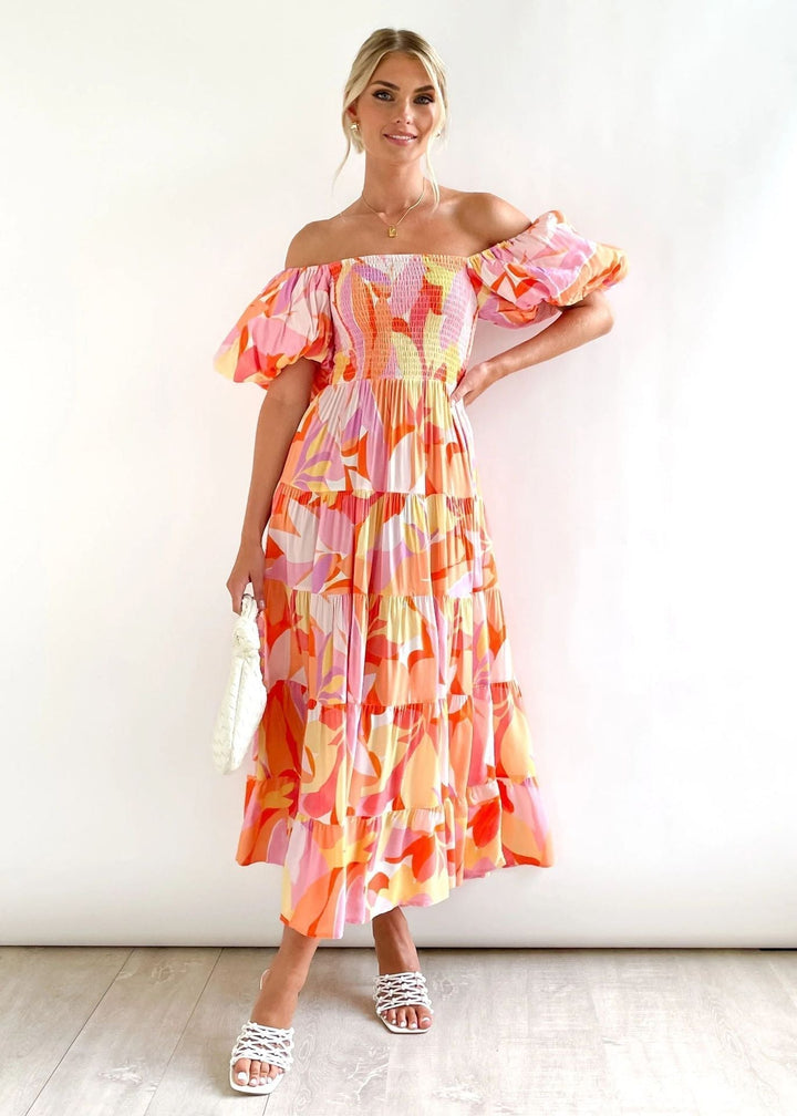 Primrose | One Shoulder Dress with Tiered Floral Midi Skirt