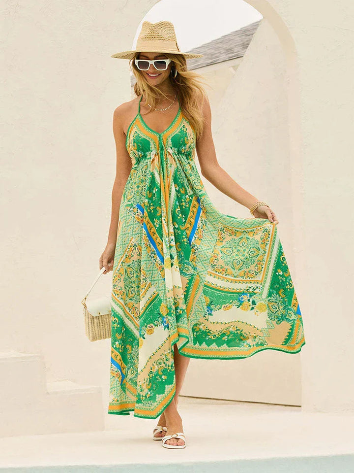 Zahlia | Paisley Print Lace-Trim Halter Neck Maxi Dress