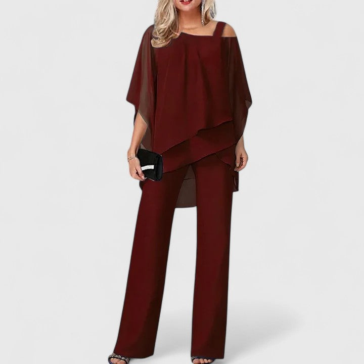 Veloria | Asymmetric Chiffon Cape & Wide-Leg Trouser Sets