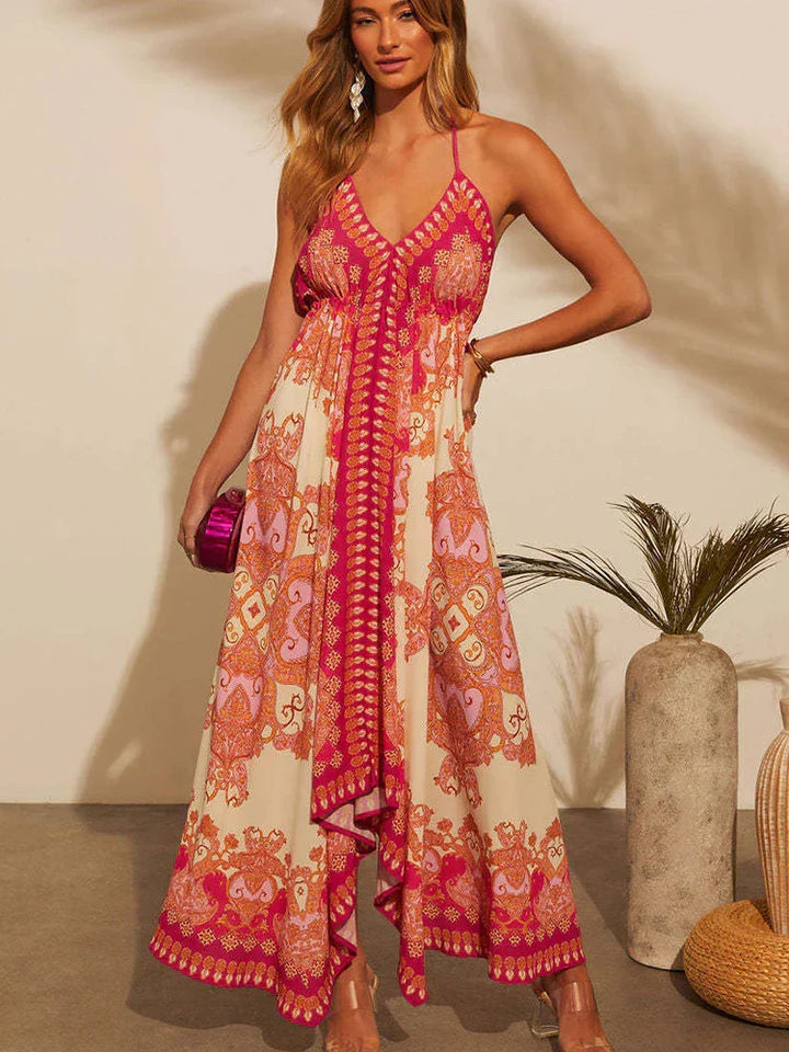 Zahlia | Paisley Print Lace-Trim Halter Neck Maxi Dress