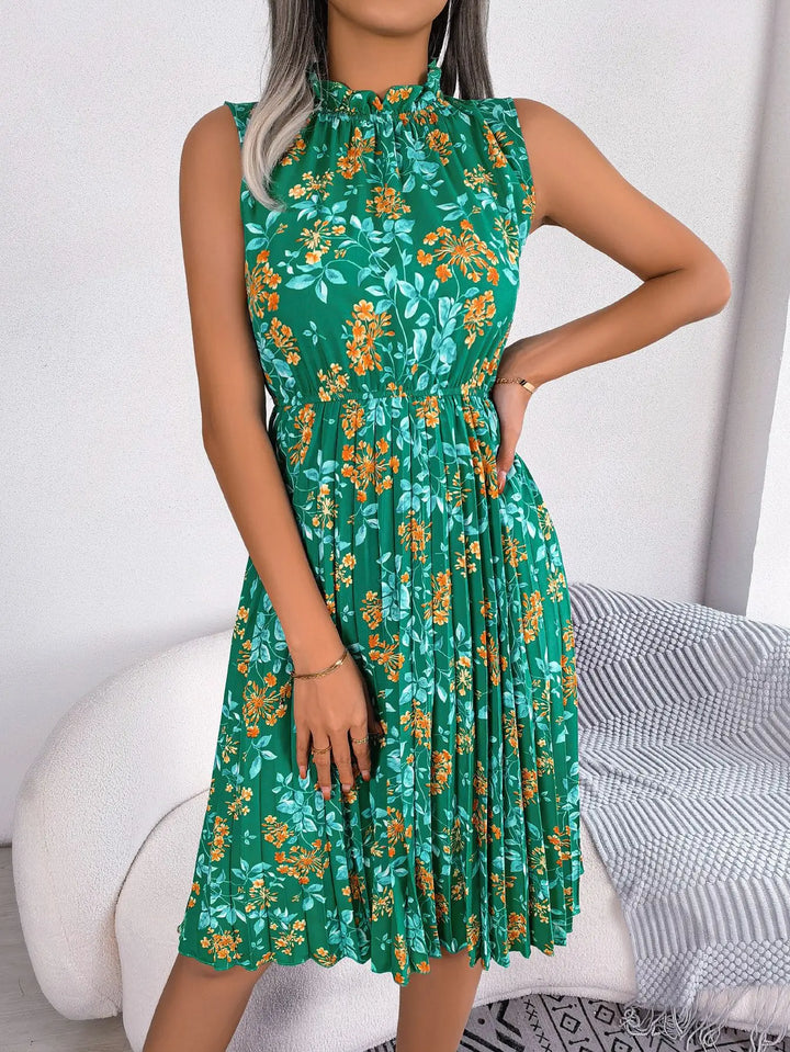 Zinnia | Floral Ruffle-Neck Womens Pleated Midi Dress